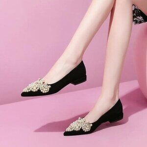 XYD Black Sense of Luxury Pointed Toe Jewelry Pearl Studs Wedding Dress Shoes